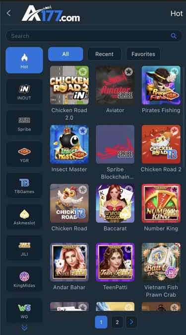 A177 Casino Game Selection Menu